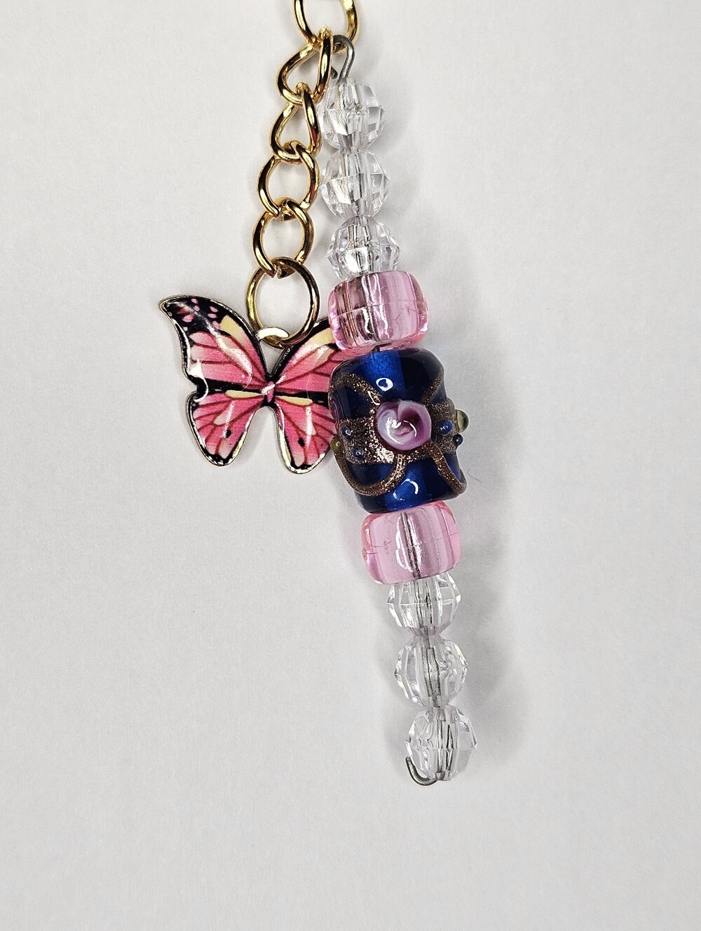 Pink Butterfly Beaded Keychain Handmade NEW
